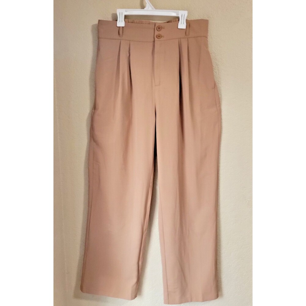 Halara Tan High Waisted Wide Leg Pleated Trousers Sz L Elastic Back Pants Career